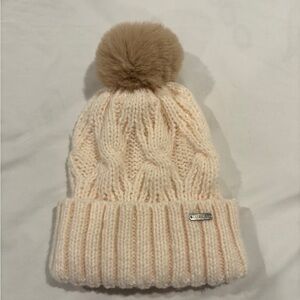 Anne Klein Cream Knit Beanie with Tan Pom-Pom